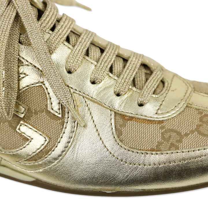 Gucci Metallic Gold Leather and GG Canvas Low Top Sneakers