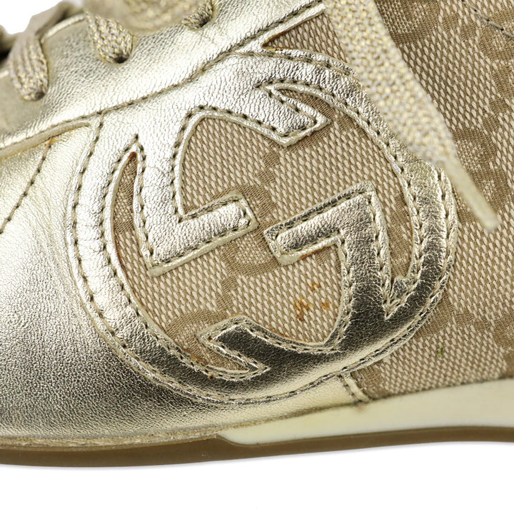 Gucci Metallic Gold Leather and GG Canvas Low Top Sneakers