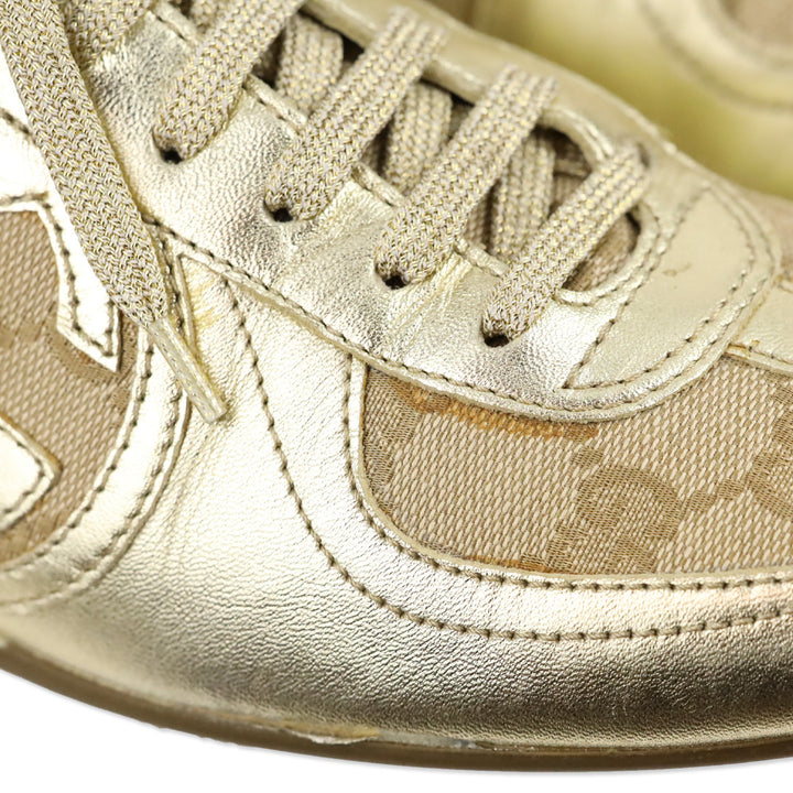 Gucci Metallic Gold Leather and GG Canvas Low Top Sneakers