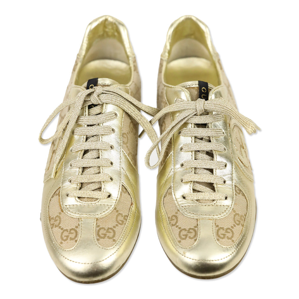 Gucci Metallic Gold Leather and GG Canvas Low Top Sneakers