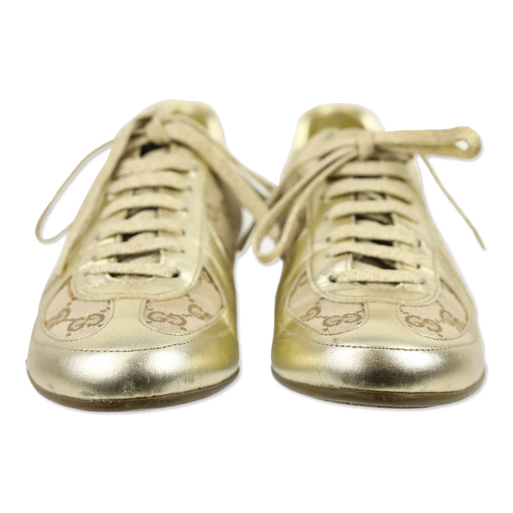 Gucci Metallic Gold Leather and GG Canvas Low Top Sneakers