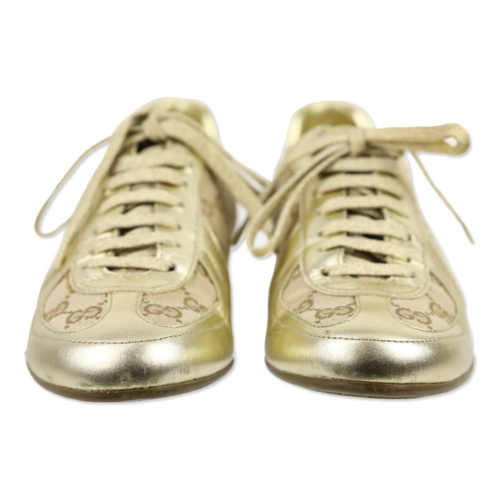 Gucci Metallic Gold Leather and GG Canvas Low Top Sneakers