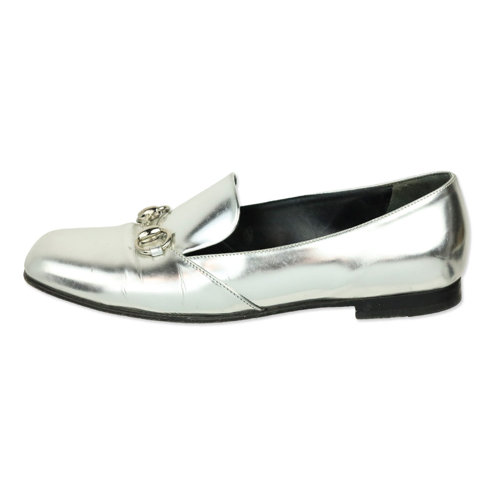 Gucci Metallic Silver Leather Horsebit Loafer