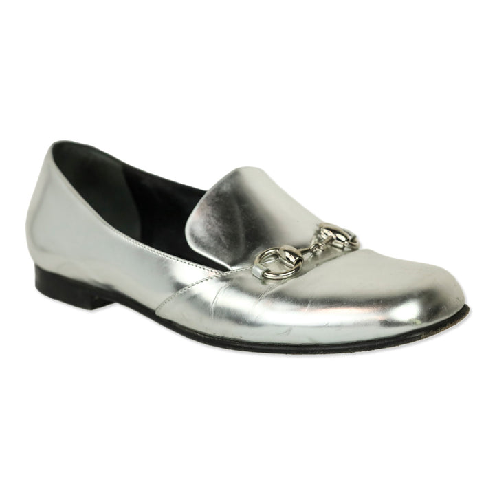 Gucci Metallic Silver Leather Horsebit Loafer