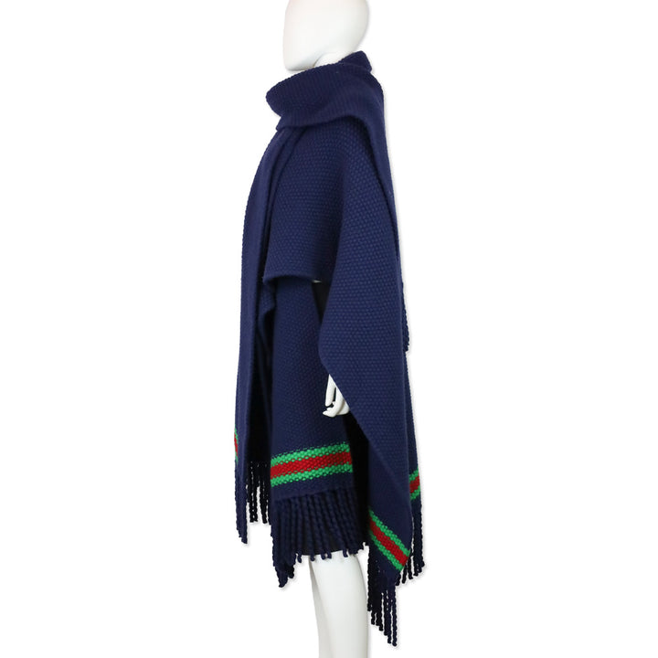 Gucci Navy Blue Moss Stitch Fringed Wool Wrap Cape with Green & Red Stripe