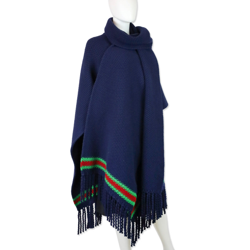 Gucci Navy Blue Moss Stitch Fringed Wool Wrap Cape with Green & Red Stripe