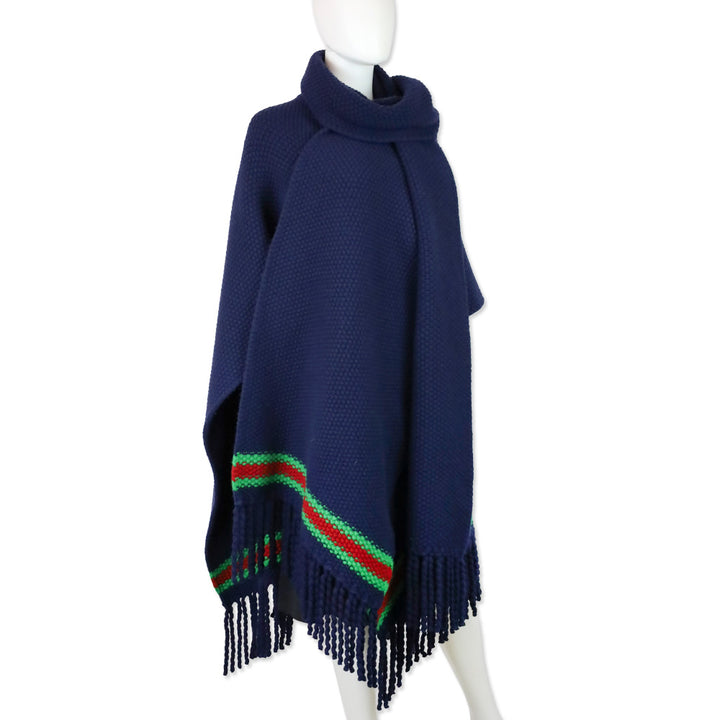Gucci Navy Blue Moss Stitch Fringed Wool Wrap Cape with Green & Red Stripe