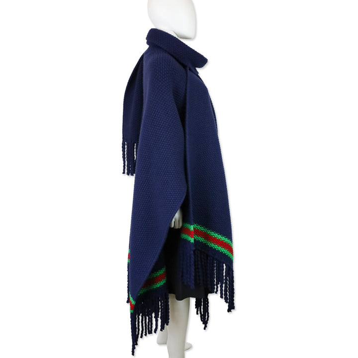 Gucci Navy Blue Moss Stitch Fringed Wool Wrap Cape with Green & Red Stripe
