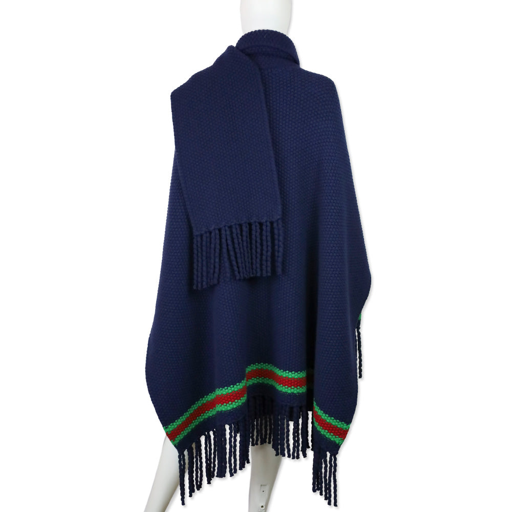 Gucci Navy Blue Moss Stitch Fringed Wool Wrap Cape with Green & Red Stripe