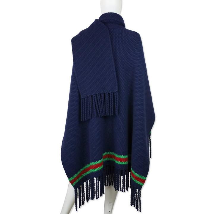 Gucci Navy Blue Moss Stitch Fringed Wool Wrap Cape with Green & Red Stripe