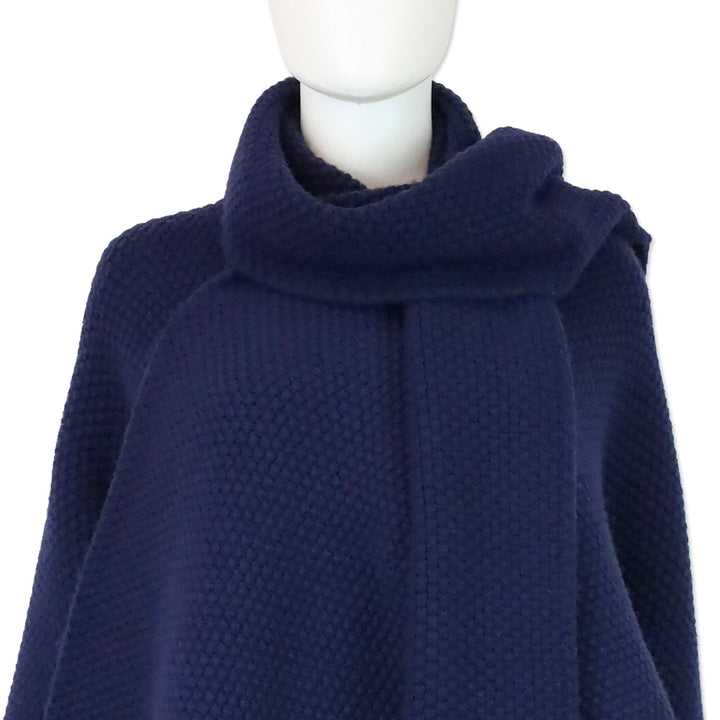 Gucci Navy Blue Moss Stitch Fringed Wool Wrap Cape with Green & Red Stripe