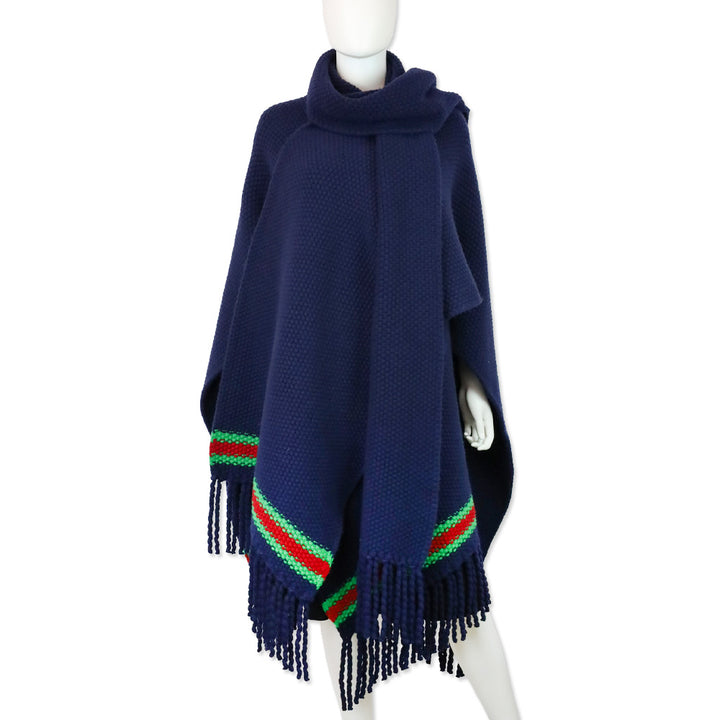 Gucci Navy Blue Moss Stitch Fringed Wool Wrap Cape with Green & Red Stripe