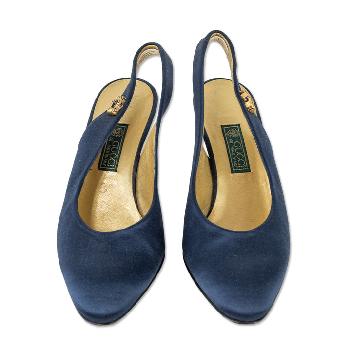 Gucci Navy Silk Slingback Pumps