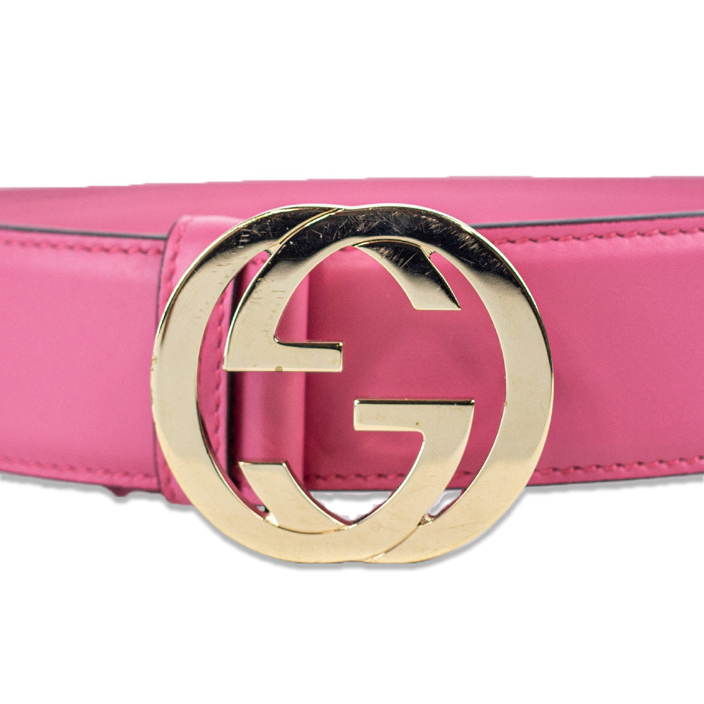 Gucci Pink Leather Gold Interlocking GG Buckle Belt