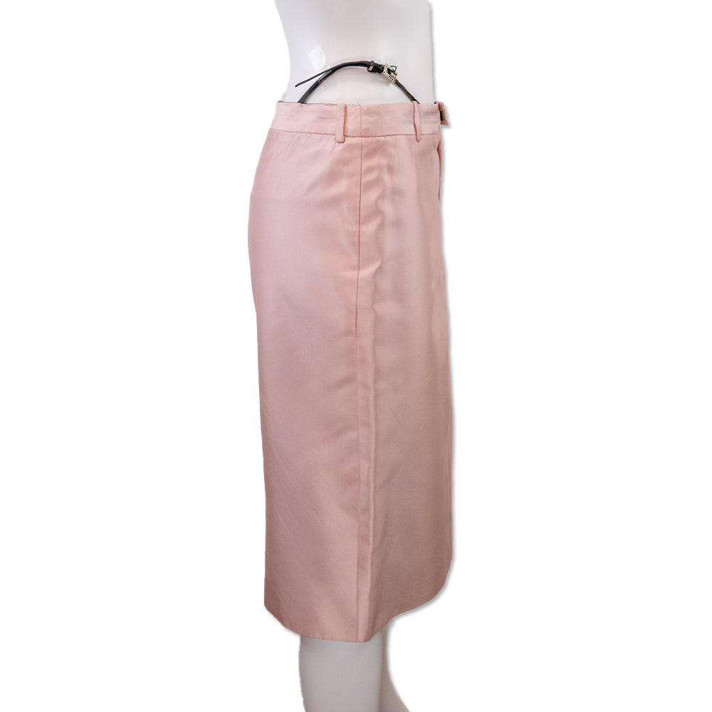 Gucci Pink Silk Leather Thong Accent Midi Skirt