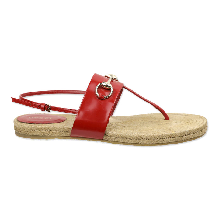 Gucci Red Leather Horsebit Espadrille Slingback Thong Sandals