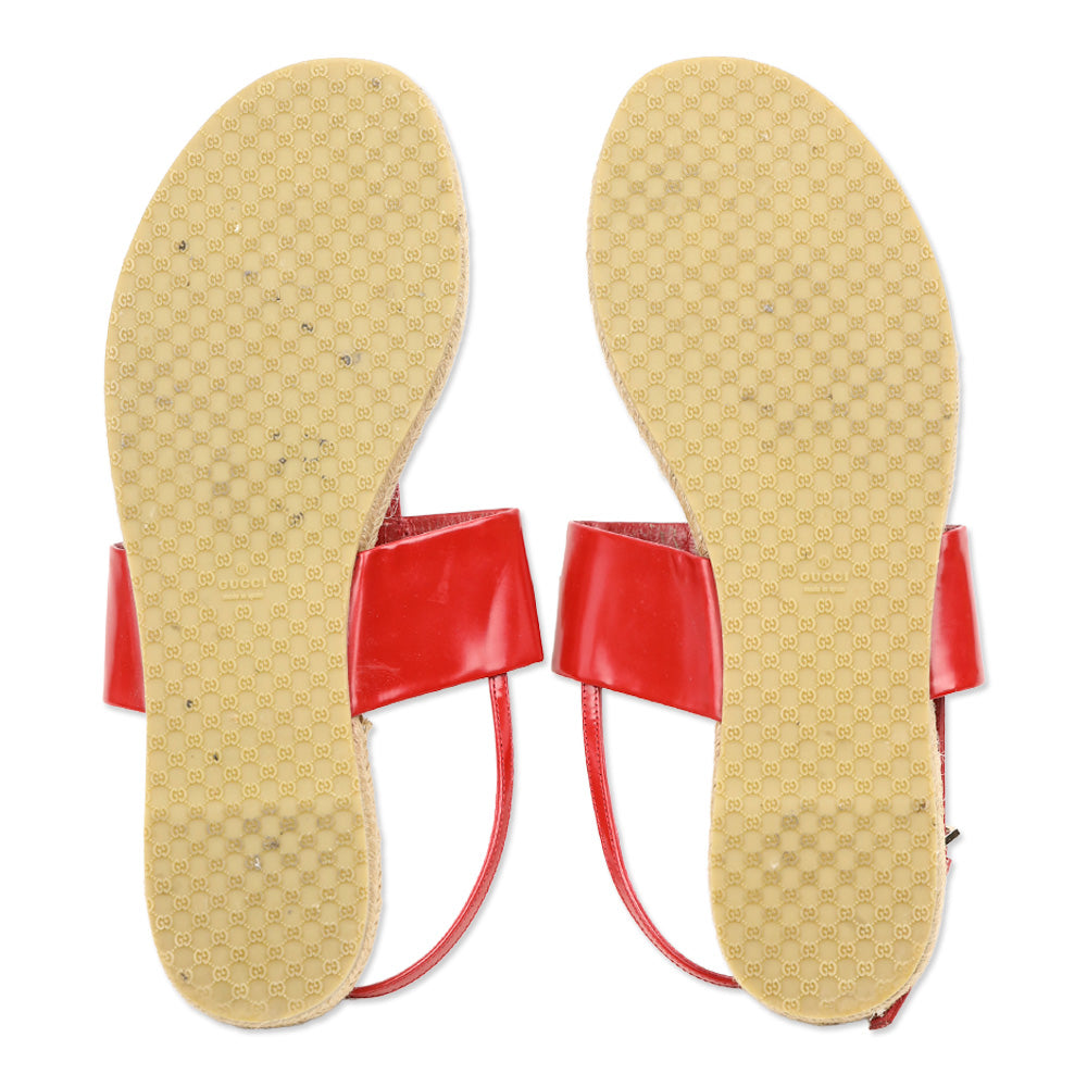 Gucci Red Leather Horsebit Espadrille Slingback Thong Sandals