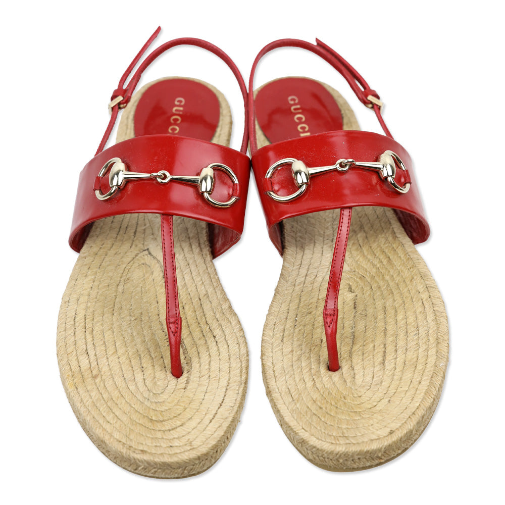 Gucci Red Leather Horsebit Espadrille Slingback Thong Sandals