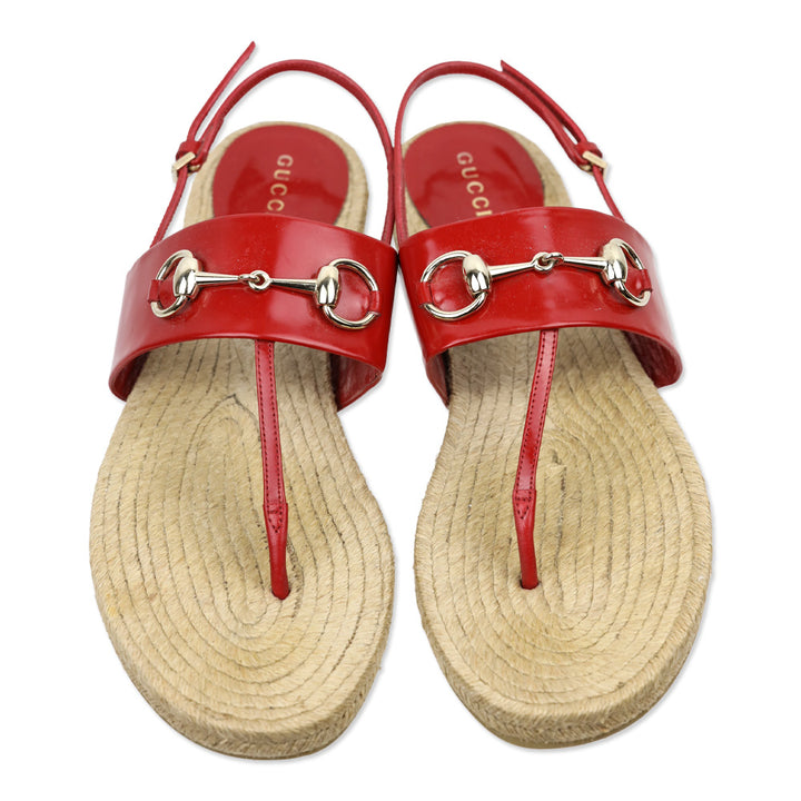 Gucci Red Leather Horsebit Espadrille Slingback Thong Sandals