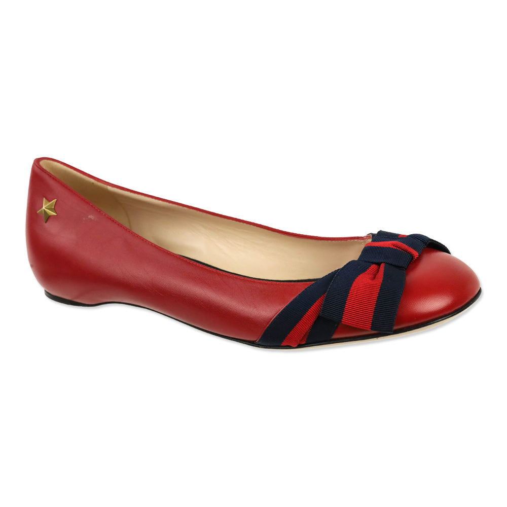 Gucci Red Leather Sylvie Web Bow Ballet Flats