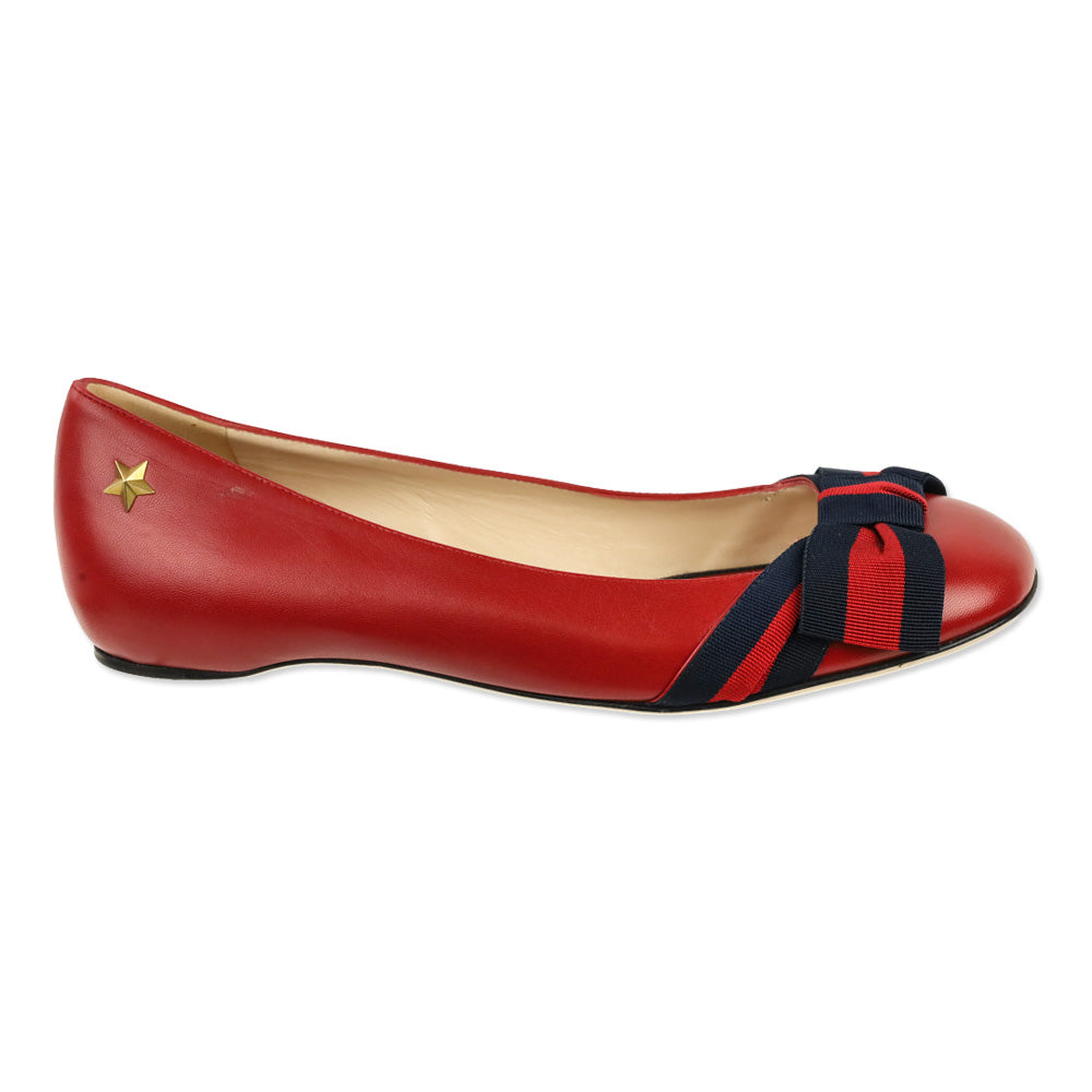 Gucci Red Leather Sylvie Web Bow Ballet Flats