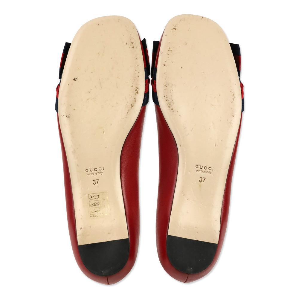 Gucci Red Leather Sylvie Web Bow Ballet Flats