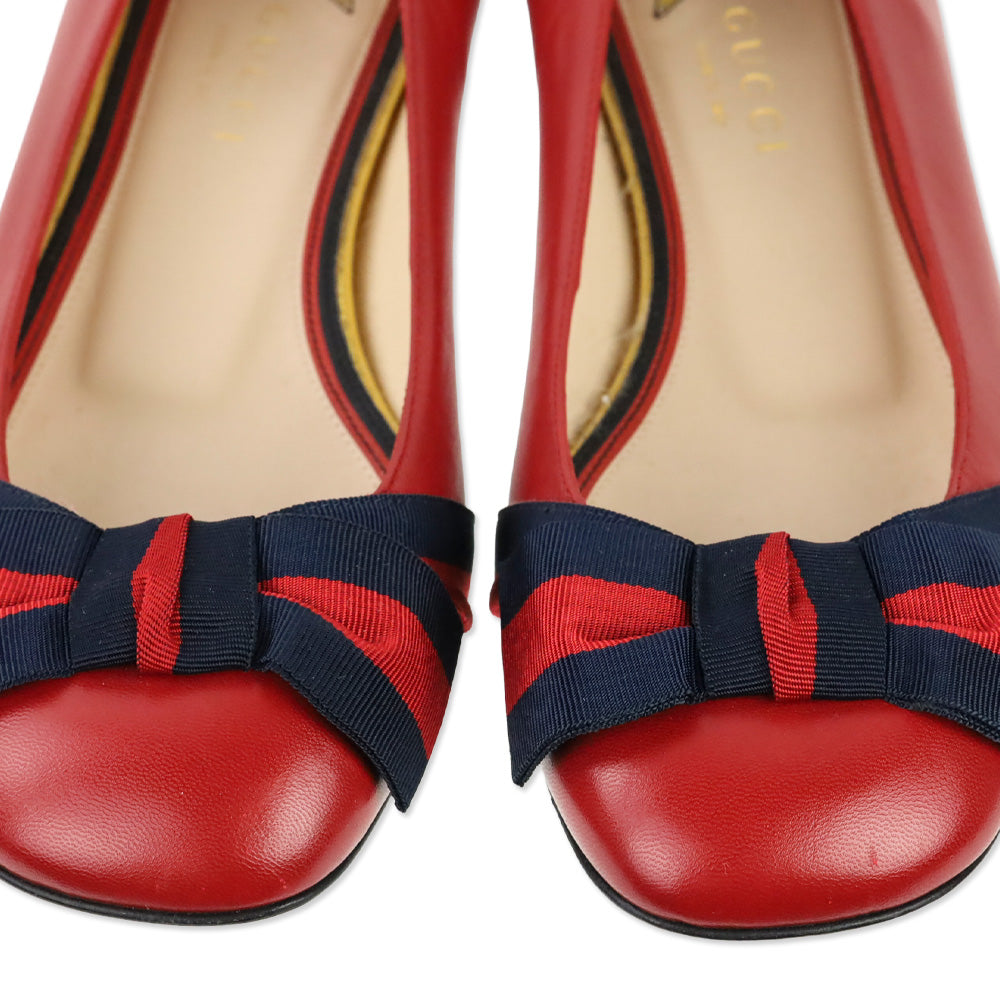 Gucci Red Leather Sylvie Web Bow Ballet Flats