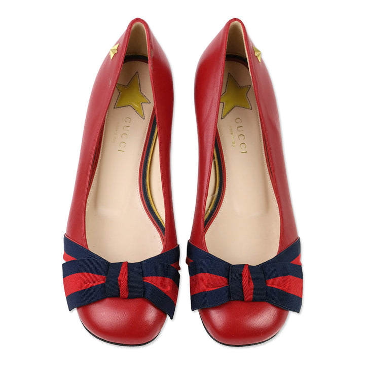 Gucci Red Leather Sylvie Web Bow Ballet Flats