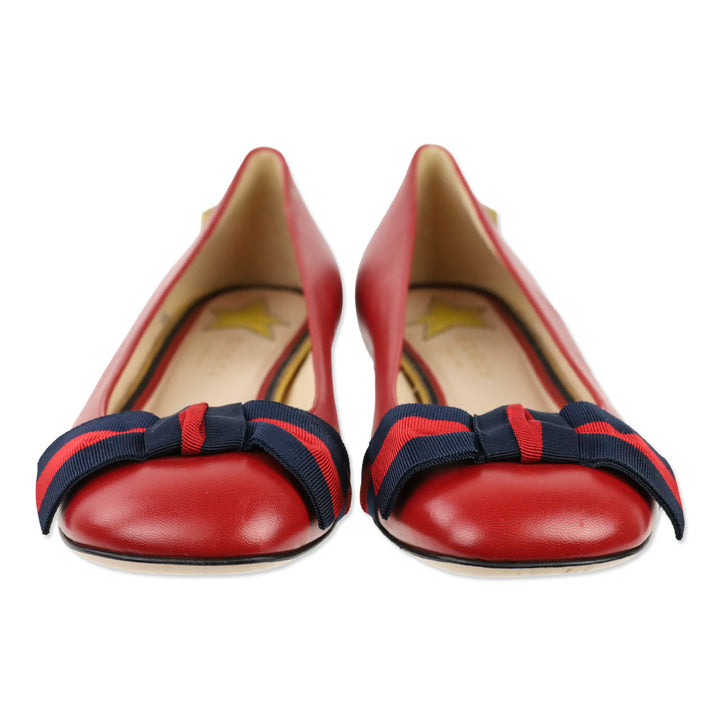 Gucci Red Leather Sylvie Web Bow Ballet Flats