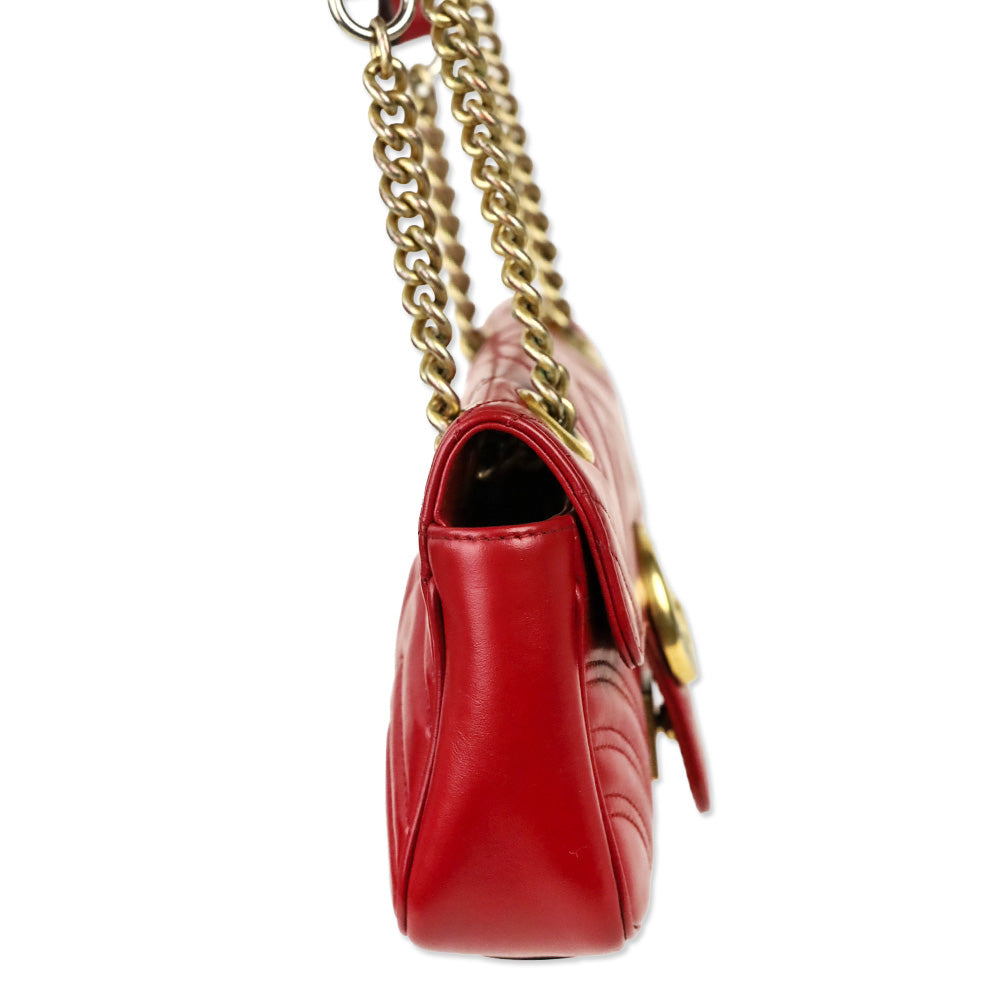 Gucci Red Matelassé Chevron Leather GG Marmont Small Shoulder Bag