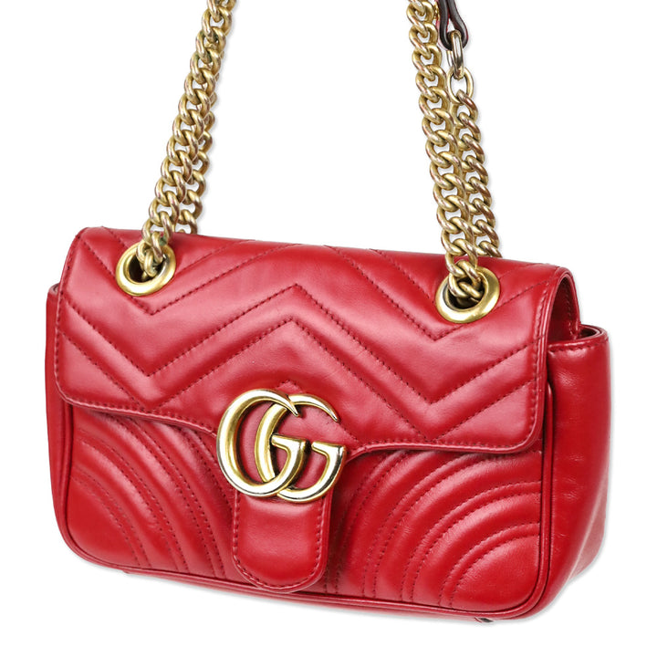 Gucci Red Matelassé Chevron Leather GG Marmont Small Shoulder Bag