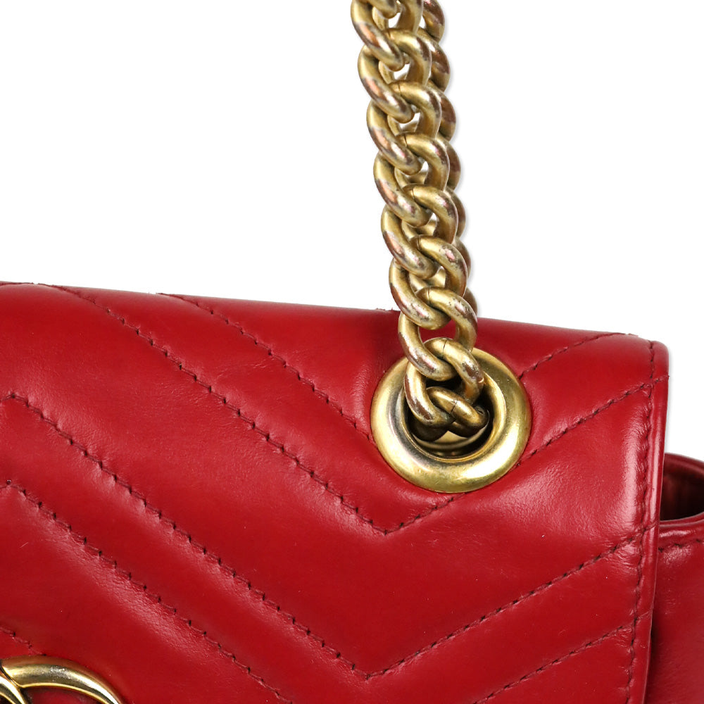 Gucci Red Matelassé Chevron Leather GG Marmont Small Shoulder Bag