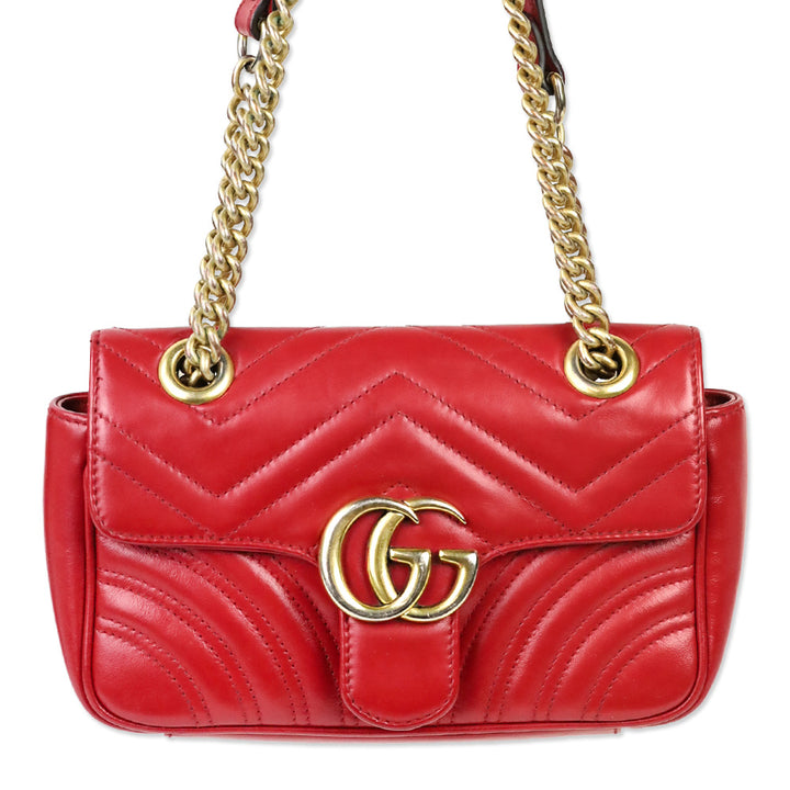 Gucci Red Matelassé Chevron Leather GG Marmont Small Shoulder Bag
