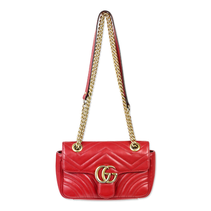 Gucci Red Matelassé Chevron Leather GG Marmont Small Shoulder Bag
