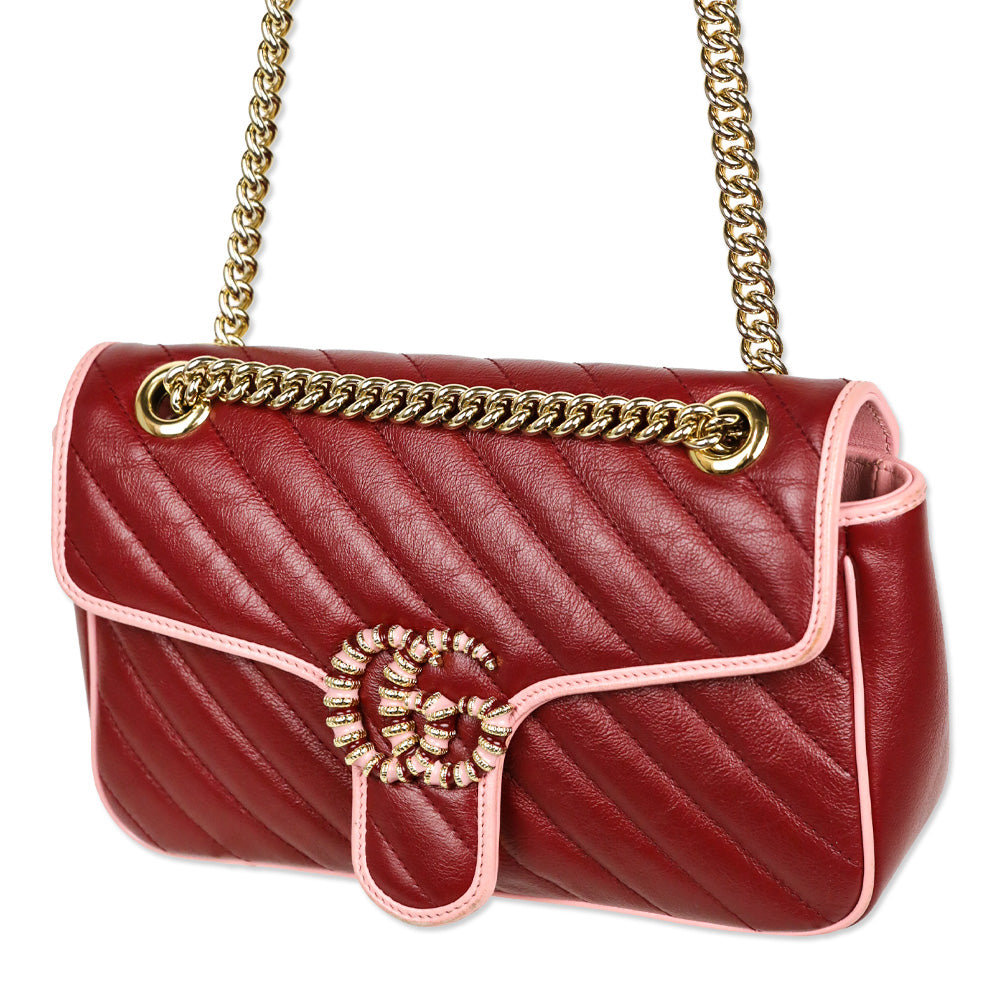 Gucci Red Matelassé Leather Torchon GG Marmont Small Flap Shoulder Bag