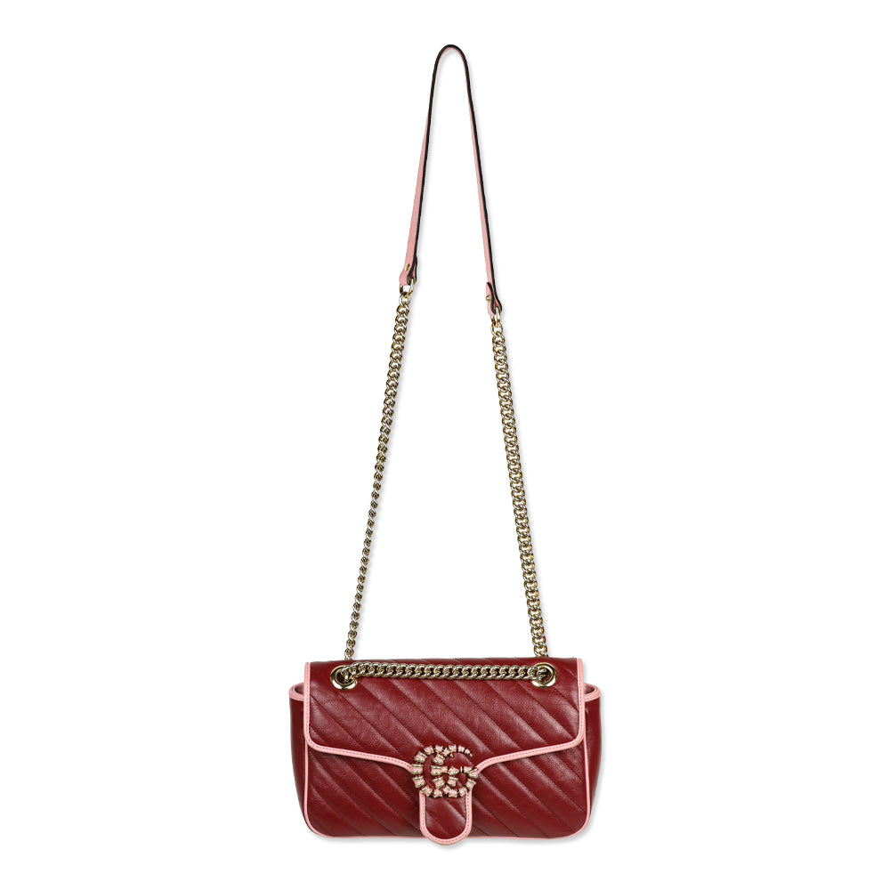 Gucci Red Matelassé Leather Torchon GG Marmont Small Flap Shoulder Bag