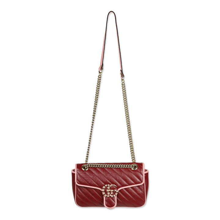 Gucci Red Matelassé Leather Torchon GG Marmont Small Flap Shoulder Bag