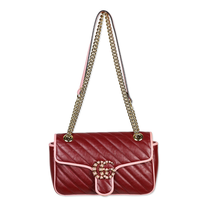Gucci Red Matelassé Leather Torchon GG Marmont Small Flap Shoulder Bag
