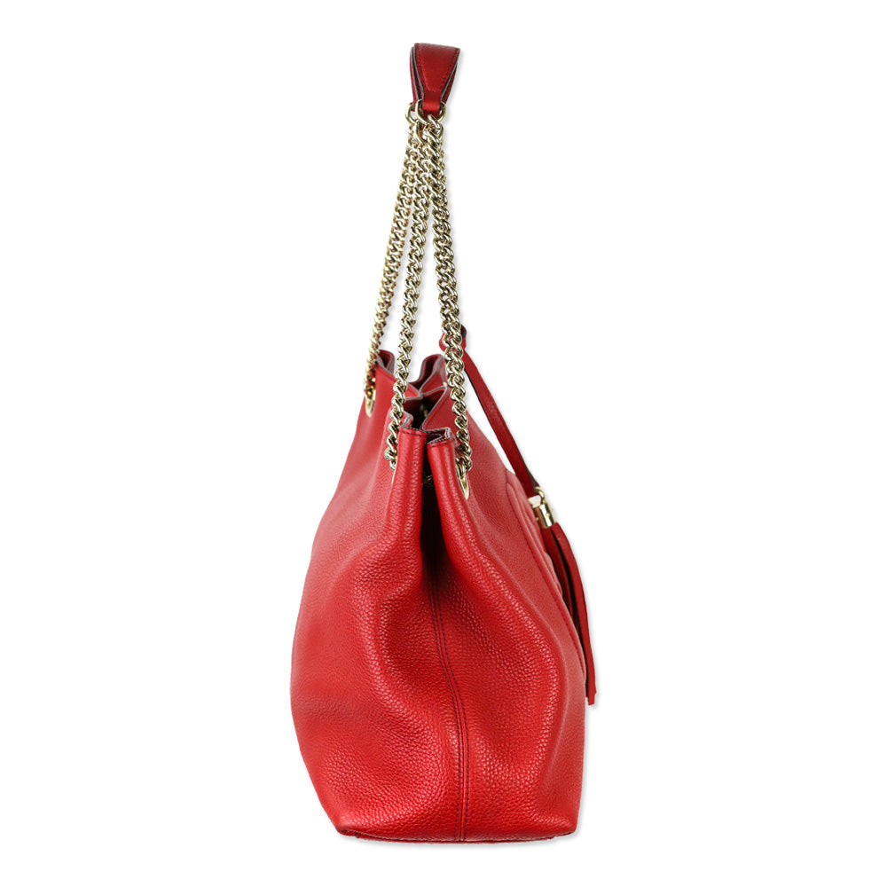 Gucci Red Pebbled Leather Soho Chain Tote Bag