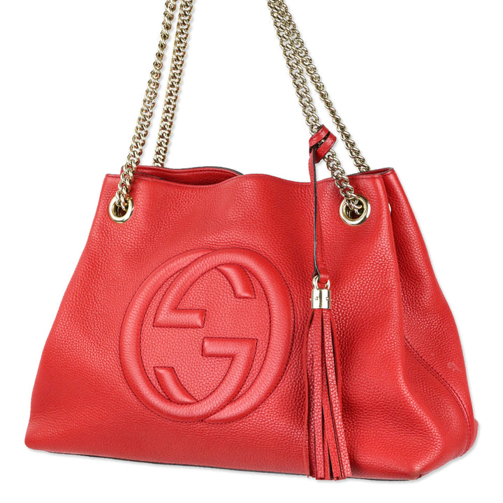 Gucci Red Pebbled Leather Soho Chain Tote Bag