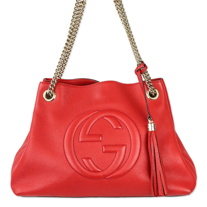 Gucci Red Pebbled Leather Soho Chain Tote Bag