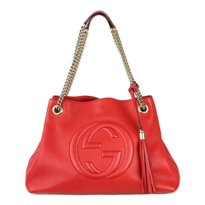 Gucci Red Pebbled Leather Soho Chain Tote Bag