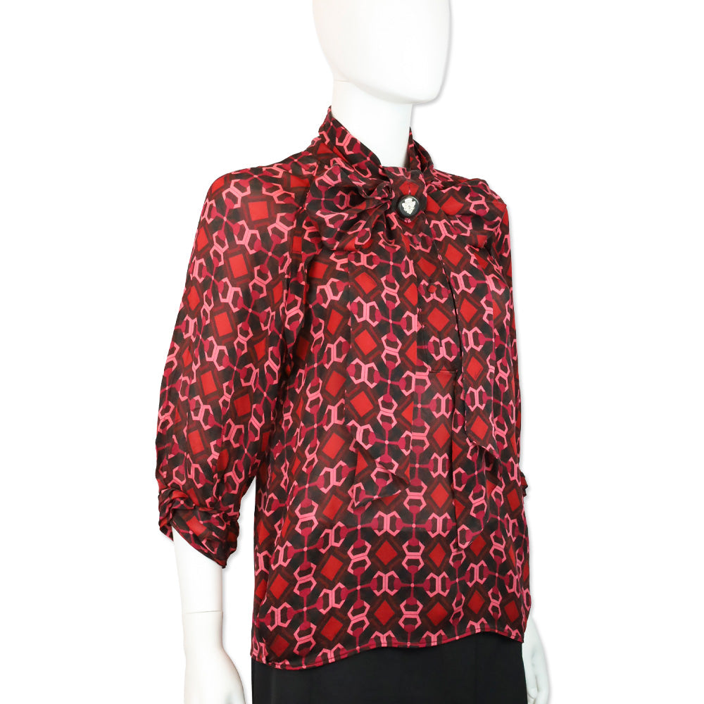 Gucci Red/Pink Geometric Print Silk Bow Neck Blouse