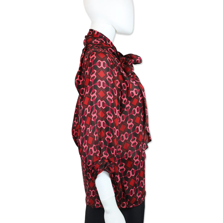 Gucci Red/Pink Geometric Print Silk Bow Neck Blouse