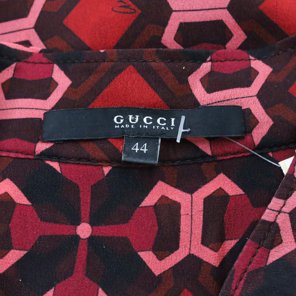 Gucci Red/Pink Geometric Print Silk Bow Neck Blouse