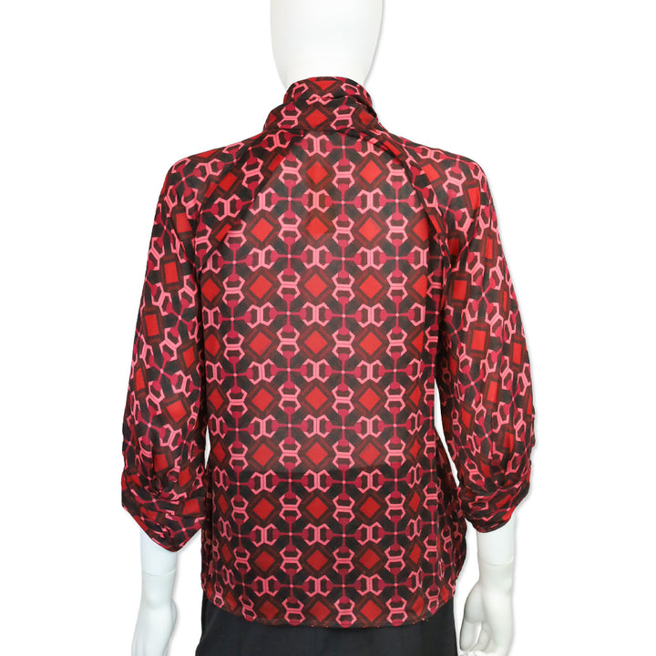Gucci Red/Pink Geometric Print Silk Bow Neck Blouse