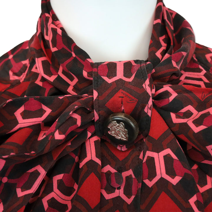 Gucci Red/Pink Geometric Print Silk Bow Neck Blouse