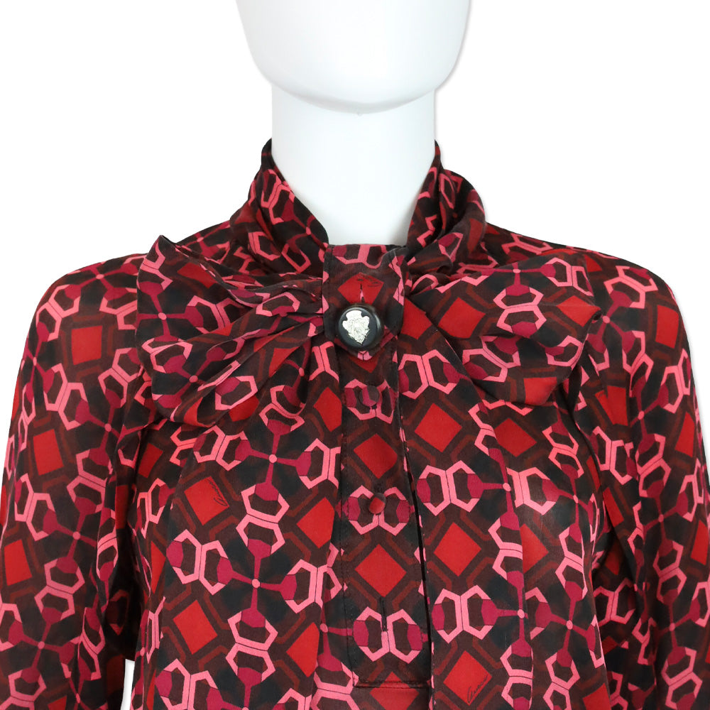 Gucci Red/Pink Geometric Print Silk Bow Neck Blouse