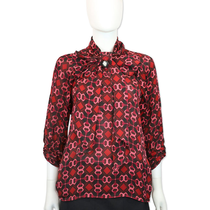 Gucci Red/Pink Geometric Print Silk Bow Neck Blouse