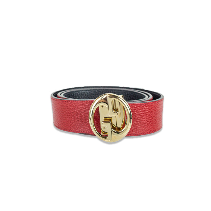 Gucci Reversible Red/Black Grained Leather Gold GG Buckle Belt